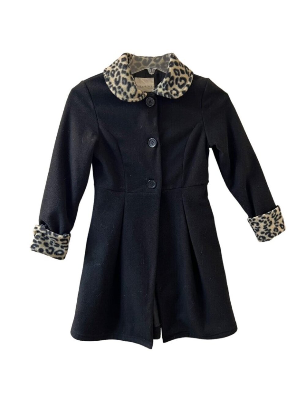 Vtg Copper Key Black Coat Faux Fur Leopard Trim Collar Cuffs Girls 7/8 Pockets - Picture 3 of 13